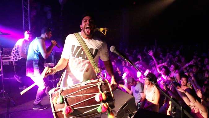 Delhi 2 Dublin live on stage with drum