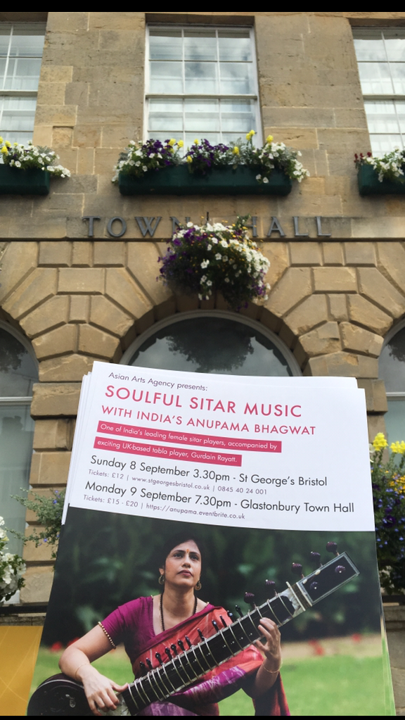 Live Music in Glastonbury: Promotion flyer for Anupama Bhagwat outside Glastonbury Town Hall
