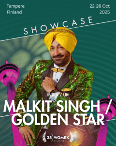 A graphic image, with green patterned background and a photo of Malkit Singh at the centre, with wording overlaid with his name and the word showcase.