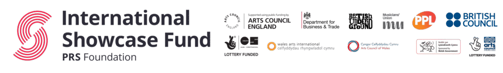 A PRS foundation logo lockup, with several other partner logos