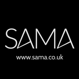 Sama Arts logo, with stylized text and URL www.sama.co.uk