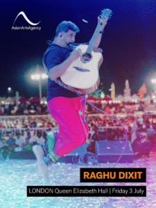 An eflyer with image of Raghu Dixit on stage, jumping, and concert date and venue overlaid