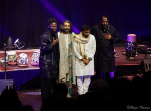 The musicians take abow at the end of the performance. From left to right: Marcus Gilmore, Talvin Singh, Anantha R Krishnan, Satin Singh